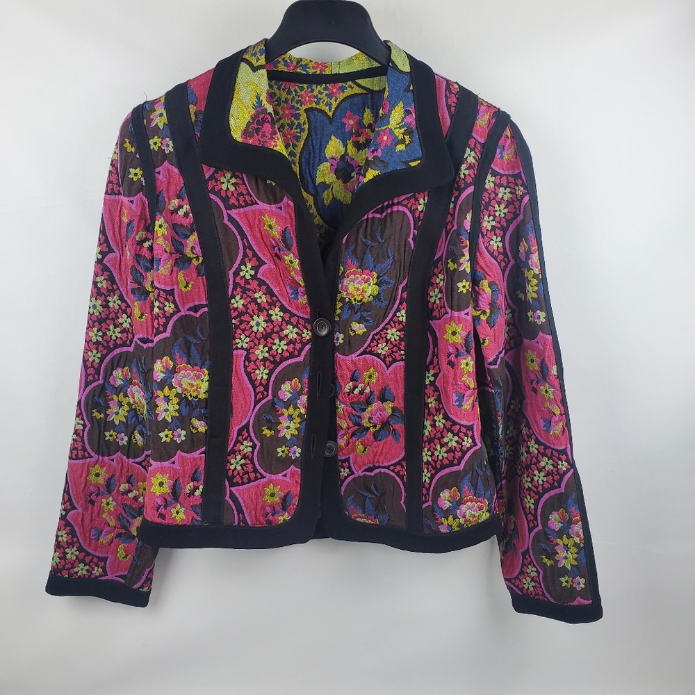 Canvasback Vintage Vibrant Multicolor Flower Cotton Blend Blazer Size 14